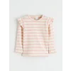 LCW baby Ekru Bisiklet Yaka Fırfırlı Çizgili Kız Bebek Tişört 2li