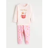 LCW Kids Pembe Bisiklet Yaka Baskılı Uzun Kollu Kız Çocuk Pijama Takımı