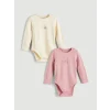 LCW baby Pembe Kalp ve Ayıcık Baskılı Kız Uzun Kollu Kız Bebek Çıtçıtlı Body 2li