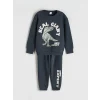 LCW Kids Antrasit Bisiklet Yaka Dinozor Baskılı Erkek Çocuk Sweatshirt ve Eşofman Altı