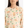 Defacto F1210A8BG358 Bej Kız Çocuk Yılbaşı Temalı Pijama Takımı Kadife Uzun Kollu Üst Uzun Alt