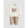 LCW baby Bej Hayvan Figürlü Kız Bebek Sweatshirt ve Pantolon