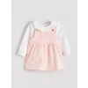 LCW baby Pembe Çiçekli Kız Bebek Salopet Elbise ve Tişört