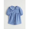LCW baby Mavi Nakışlı Bebe Yaka Kareli Kız Bebek Elbise
