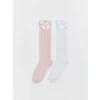 LCW Kids Pembe Fiyonk Detaylı Kız Çocuk Diz Altı Çorap 2li