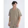 XSIDE Kahverengi Rahat Kalıp Resort Yaka Kısa Kollu Müslin Erkek Gömlek