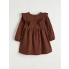 LCW Kids Kahverengi Fırfırlı Nakışlı Kız Bebek Müslin Elbise