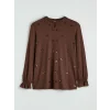 LCW Grace Kahverengi Fırfırlı Hakim Yaka Pul Payetli Bluz