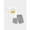 LCW baby Ekru Bisiklet Yaka Kısa Kollu Baskılı Erkek Bebek Şortlu Pijama Takımı