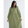 LCW Modest Yeşil Bisiklet Yaka Balon Kollu Müslin Elbise