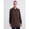 LCWAIKIKI Classic Kahverengi Gömlek Yaka Çizgili Oversize Armürlü Kadın Tunik