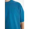 Defacto F8666AXIN194 İndigo %100 Pamuk Boxy Fit Tişört