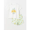 LCW Kids Ekru Bisiklet Yaka Baskılı Kısa Kollu Kız Çocuk Şortlu Pijama Takımı