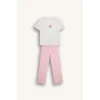 Defacto G1674AXPN149 Pembe Pijama Takımı Regular Fit Baskılı Kısa Kollu Üst Desenli Uzun Alt