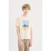 Defacto E0089A8ER42 Ekru Bisiklet Yaka Baskılı Kısa Kollu Tişört Erkek Çocuk