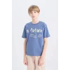 Defacto D9259A8IN34 İndigo Bisiklet Yaka Baskılı Kısa Kollu Tişört Erkek Çocuk
