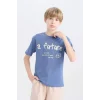 Defacto D9259A8IN34 İndigo Bisiklet Yaka Baskılı Kısa Kollu Tişört Erkek Çocuk