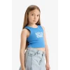 Defacto C4717A8BE277 Mavi Bisiklet Yaka Baskılı Crop Atlet Kız Çocuk