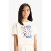 Defacto E0384A8ER233 Ekru Bisiklet Yaka Baskılı Kısa Kollu Tişört Kız Çocuk