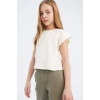 Defacto C4511A8ER99 Ekru Boxy Fit Bisiklet Yaka Basic Düz Kısa Kollu Tişört Kız Çocuk