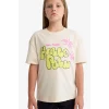 Defacto E0389A8ER42 Ekru Relax Fit Baskılı Bisiklet Yaka Kısa Kollu Tişört Kız Çocuk