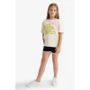 Defacto E0389A8ER42 Ekru Relax Fit Baskılı Bisiklet Yaka Kısa Kollu Tişört Kız Çocuk