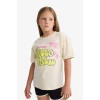 Defacto E0389A8ER42 Ekru Relax Fit Baskılı Bisiklet Yaka Kısa Kollu Tişört Kız Çocuk