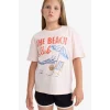 Defacto E0389A8PN447 Pembe Relax Fit Palmiye Baskılı Bisiklet Yaka Kısa Kollu Tişört Kız Çocuk