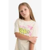 Defacto E0389A8ER42 Ekru Relax Fit Baskılı Bisiklet Yaka Kısa Kollu Tişört Kız Çocuk