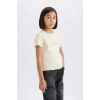 Defacto B6689A8ER42 Ekru Slim Fit Dar Kesim Bisiklet Yaka Baskılı Fitilli Kaşkorse Kısa Kollu Tişört Kız Çocuk