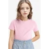 Defacto B3054A8PN444 Pembe Slim Fit Dar Kesim Bisiklet Yaka Ribana Basic Düz Kısa Kollu Tişört Kız Çocuk