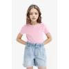 Defacto B3054A8PN444 Pembe Slim Fit Dar Kesim Bisiklet Yaka Ribana Basic Düz Kısa Kollu Tişört Kız Çocuk
