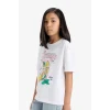 Defacto E0389A8WT34 Beyaz Relax Fit Bisiklet Yaka Baskılı Kısa Kollu Tişört Kız Çocuk