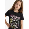 Defacto E0383A8BK81 Siyah Bisiklet Yaka Baskılı Kısa Kollu Tişört Kız Çocuk