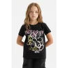 Defacto E0383A8BK81 Siyah Bisiklet Yaka Baskılı Kısa Kollu Tişört Kız Çocuk