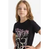 Defacto E0383A8BK81 Siyah Bisiklet Yaka Baskılı Kısa Kollu Tişört Kız Çocuk