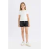 Defacto B3053A8WT16 Beyaz Slim Fit Dar Kesim Bisiklet Yaka Basic Düz Fitilli Kaşkorse Kısa Kollu Tişört Kız Çocuk