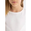 Defacto B3053A8WT16 Beyaz Slim Fit Dar Kesim Bisiklet Yaka Basic Düz Fitilli Kaşkorse Kısa Kollu Tişört Kız Çocuk
