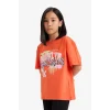 Defacto E0386A8OG584 Turuncu Oversize Geniş Kalıp Baskılı Bisiklet Yaka Kısa Kollu Tişört Kız Çocuk