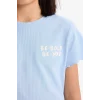 Defacto D9537A8BE745 Mavi Slim Fit Dar Kesim Bisiklet Yaka Baskılı Fitilli Kaşkorse Kısa Kollu Tişört Kız Çocuk