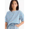 Defacto D8581A8BE124 Mavi Relax Fit Bisiklet Yaka Çizgili Kısa Kollu Tişört Kız Çocuk