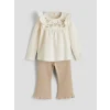 LCW baby Bej Nakış Desenli İspanyol Paça Kız Bebek Bluz ve Tayt