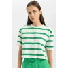Defacto C6199AXGN689 Yeşil Boxy Fit Çizgili Bisiklet Yaka Kısa Kollu Tişört