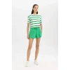 Defacto C6199AXGN689 Yeşil Boxy Fit Çizgili Bisiklet Yaka Kısa Kollu Tişört
