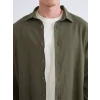 XSIDE Haki Regular Fit Uzun Kollu Keten Görünümlü Erkek Gömlek
