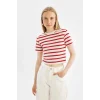 Defacto A7646AXRD93 Kırmızı Fıtted Çizgili Ribana Kısa Kollu Tişört