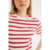 Defacto A7646AXRD93 Kırmızı Fıtted Çizgili Ribana Kısa Kollu Tişört