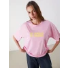 LCW Vision Pembe Bisiklet Yaka Baskılı Oversize Kadın Tişört