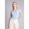 Defacto G8735AXBE415 Mavi Kadınlar Günü Slım Fıt Kaçık Yaka Basıc Düz Fitilli Kaşkorse Kısa Kollu Polo Tişört