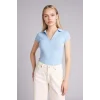 Defacto G8735AXBE415 Mavi Kadınlar Günü Slım Fıt Kaçık Yaka Basıc Düz Fitilli Kaşkorse Kısa Kollu Polo Tişört